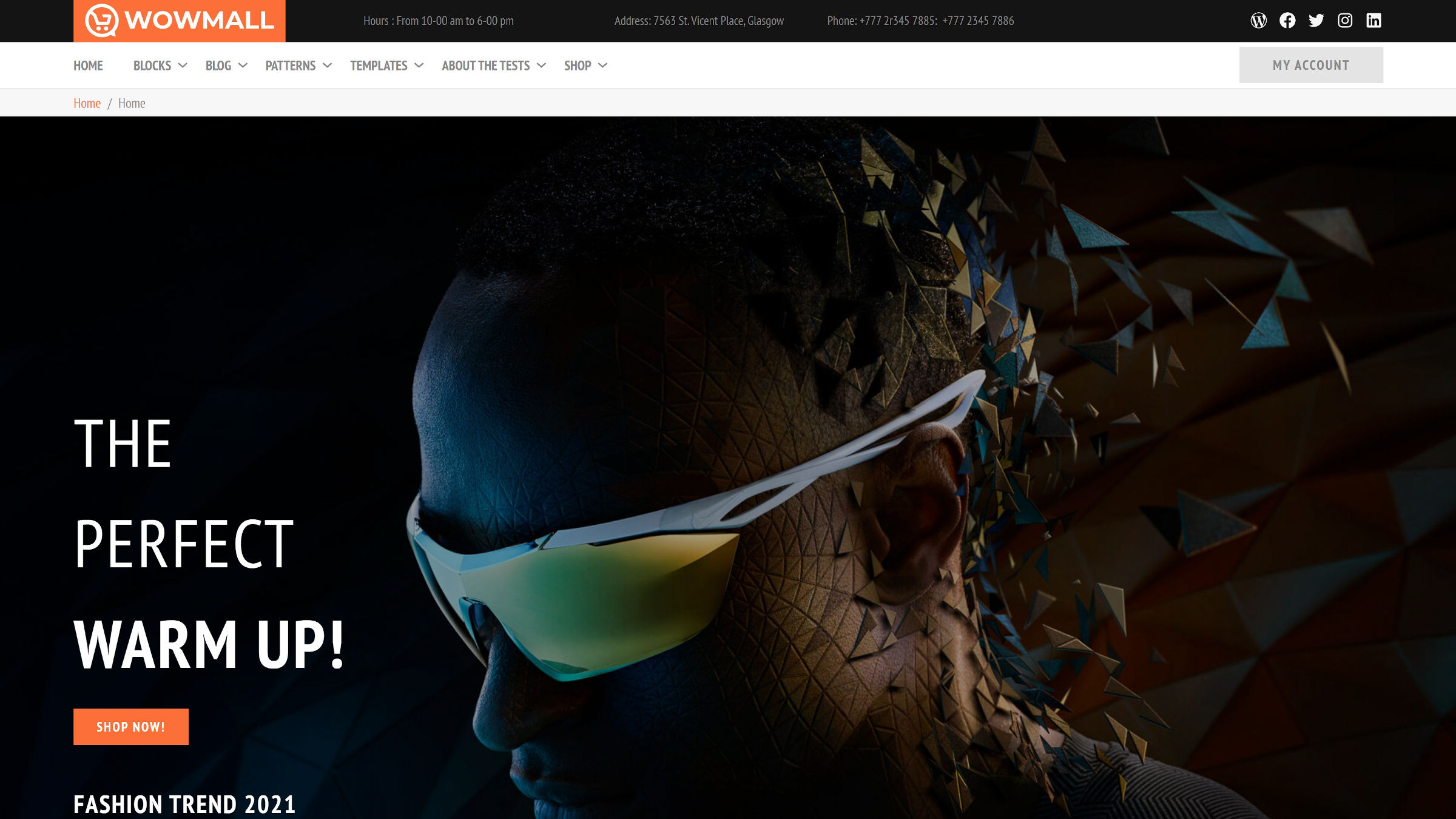 Large hero section with a man wearing sunglasses for an online shop's homepage.