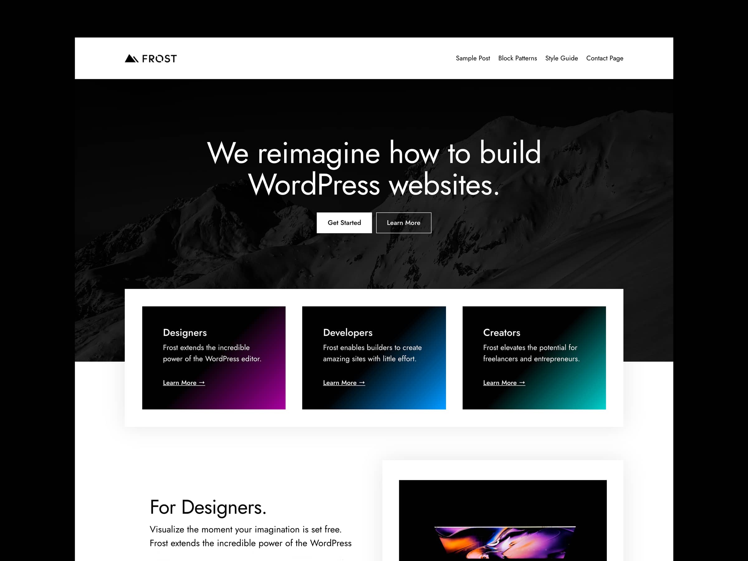 Screenshot of the Frost WordPress theme. It has a hero/intro area, followed by three boxes and a media + text section.