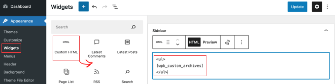 Aggiunta di shortcode a un widget HTML personalizzato