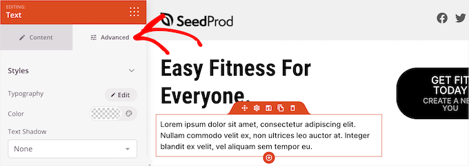 Fai clic sulla scheda Avanzate nel builder SeedProd