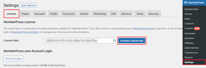 Attiva la chiave di licenza MemberPress