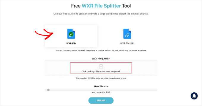 Carica il file XML nello strumento di divisione file WXR gratuito