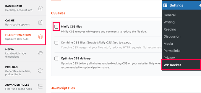 Minimizza i file CSS in WP Rocket