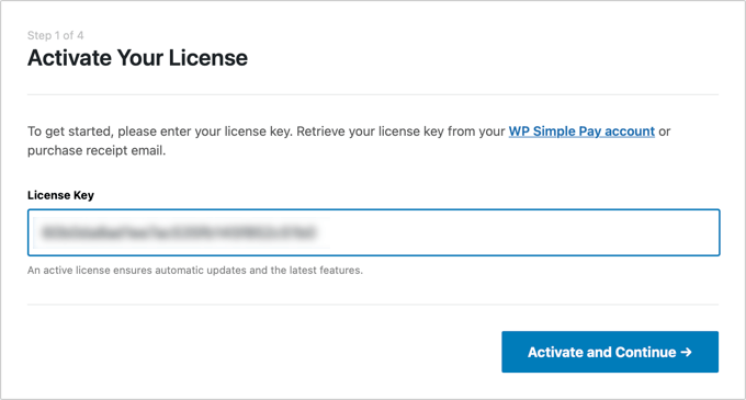 Ti verrà chiesto di inserire la chiave di licenza WP Simple Pay