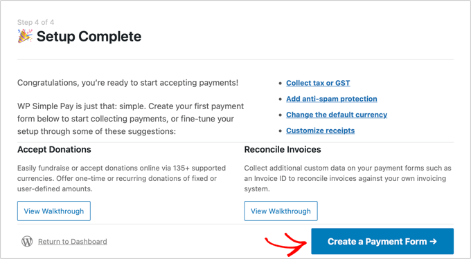 L'installazione di WP Simple Pay è completa