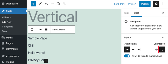 Cambia il blocco del menu di navigazione in un orientamento verticale