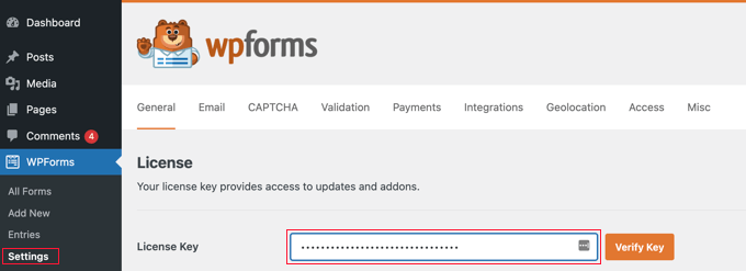 Inserisci la chiave di licenza WPForms