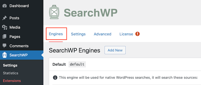 La scheda Motori di SearchWP