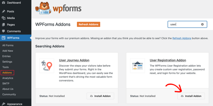 Installa WPForms User Registration Addon