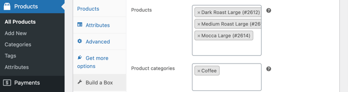 Seleziona i prodotti o la categoria di prodotti che possono essere aggiunti alla confezione