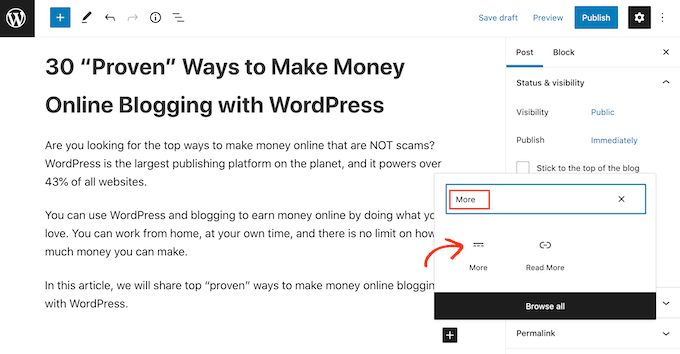 Il blocco WordPress More, precedentemente il tag More