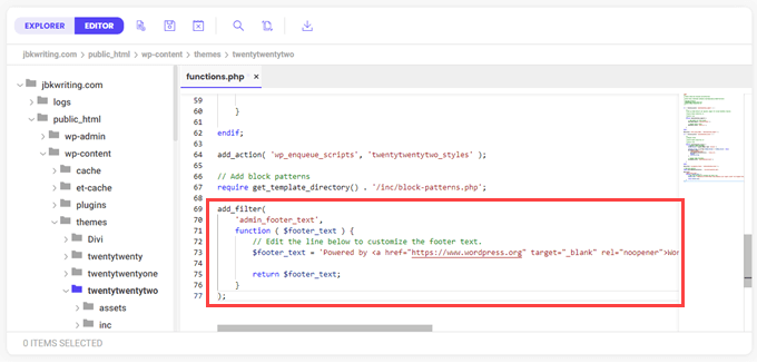 Il codice dopo che è stato incollato in functions.php