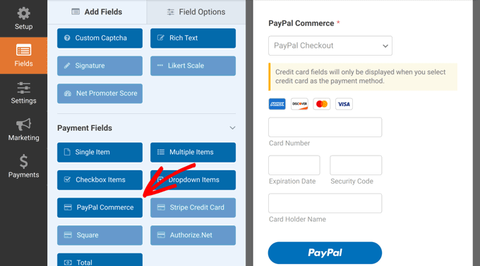 Aggiungi il campo PayPal Commerce