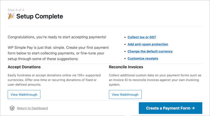 L'installazione di WP Simple Pay è completa