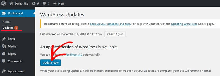 Aggiornamento di WordPress Core dal dashboard