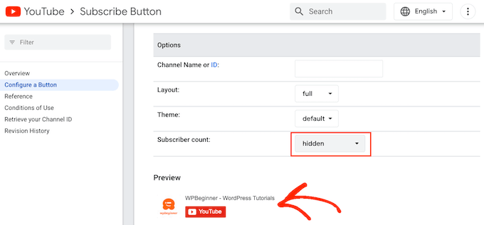 Nascondere il conteggio degli iscritti in un pulsante degli iscritti di YouTube