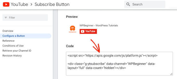 Il codice di incorporamento del pulsante dell'abbonato YouTube