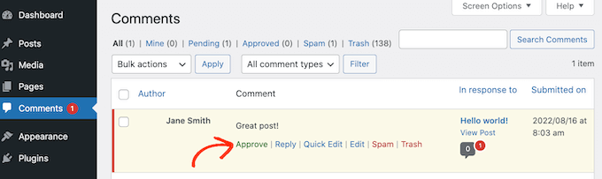 Approvazione dei commenti nell'area di amministrazione di WordPress