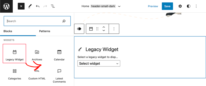 Il widget legacy è ora disponibile nell'editor completo del sito