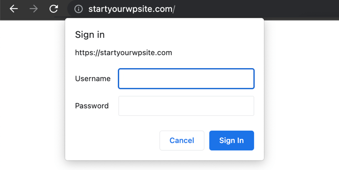 Ora sono necessari un nome utente e una password per accedere al tuo sito web