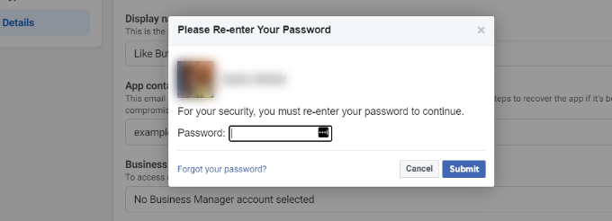 Reinserire la password di Facebook