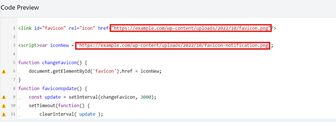 Incolla il codice HTML e rimuovi i collegamenti alle immagini della favicon di esempio