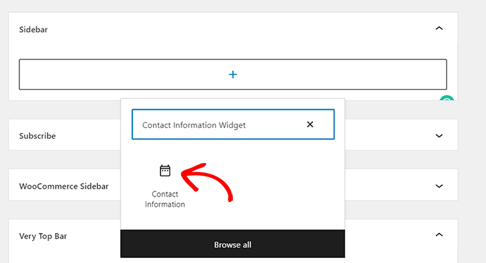 Scegli il widget Informazioni di contatto dal menu Blocco widget
