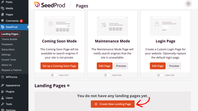 Aggiungi una nuova pagina di destinazione SeedProd