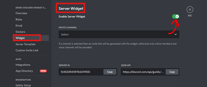 Attiva o disattiva l'interruttore di abilitazione del widget del server