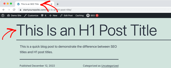 Esempio di titolo H1 nel post e titolo SEO nella scheda del browser