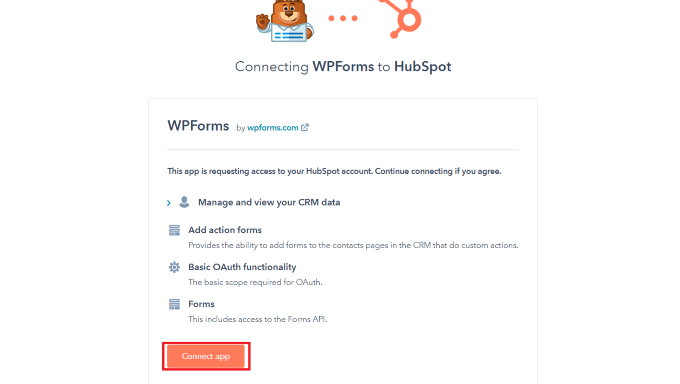 Fai clic sul pulsante Connetti app per connettere WPForms e HubSpot