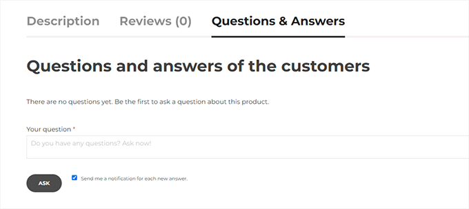 Modulo di domande sotto le pagine dei prodotti