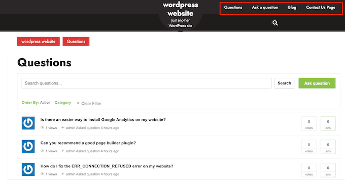 Un menu WordPress con collegamenti a domande e risposte