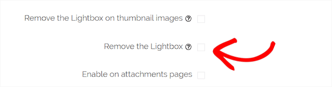 Rimuovi l'opzione lightbox selezionando la casella