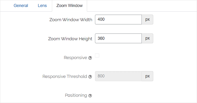Impostazioni della finestra di zoom