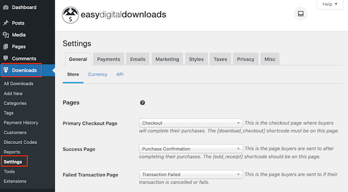 Impostazioni del plug-in Easy Digital Downloads