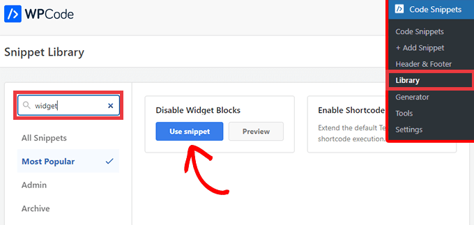 Selezionare lo snippet Disable Widget Blocks dalla libreria WPCode