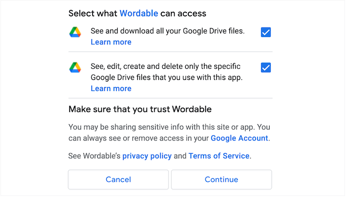 Concedere a Wordable l'accesso al tuo Google Drive