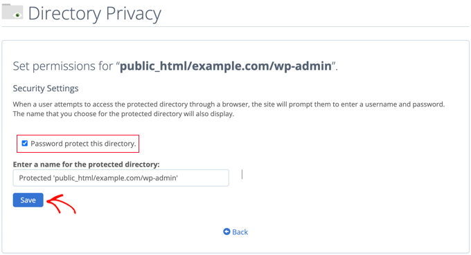 Seleziona la casella della directory protetta da password
