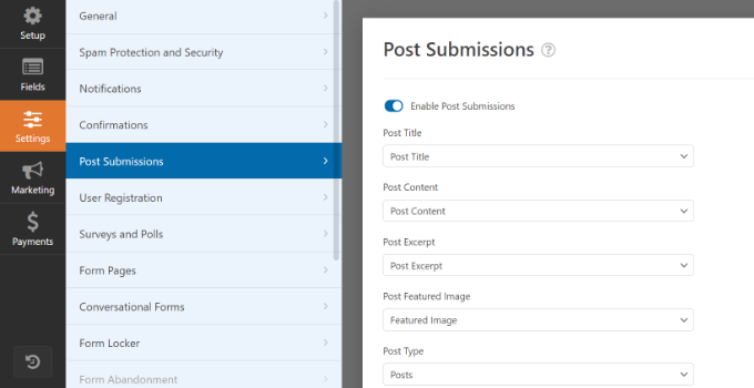 Impostazioni di invio dei post in WPForms