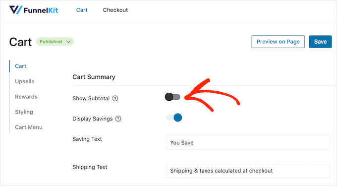 Mostrare il totale parziale nella pagina del carrello dell'eCommerce