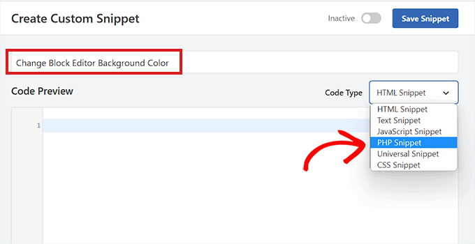 Scegli l'opzione PHP Snippet come tipo di codice per cambiare il colore di sfondo dell'editor
