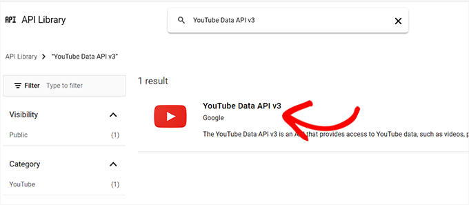 Cerca l'opzione API dati YouTube v3