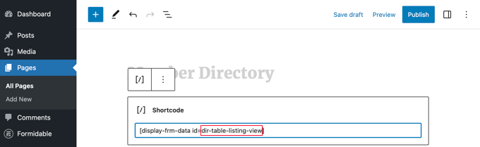 Shortcode per visualizzare la directory in una tabella