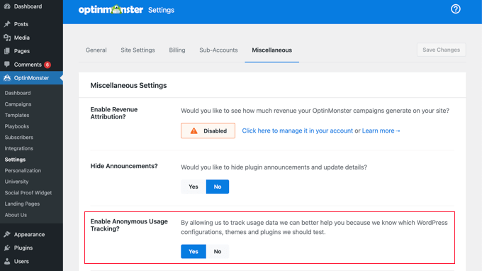 OptinMonster ti chiede di condividere il monitoraggio anonimo dell'utilizzo