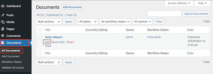 Modifica delle impostazioni di un documento in WordPress