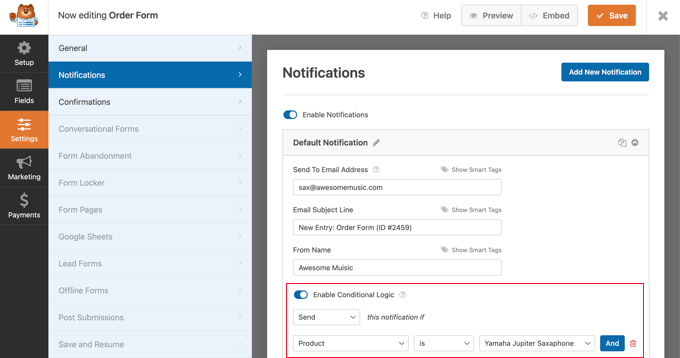 Logica condizionale WPForms per l'invio di notifiche