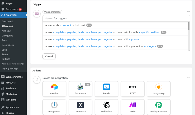 Trigger e azioni di Uncanny Automator per WooCommerce