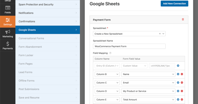 Utilizzo del componente aggiuntivo Fogli Google di WPForms