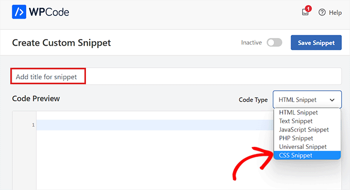 Scegli Snippet CSS come tipo di codice